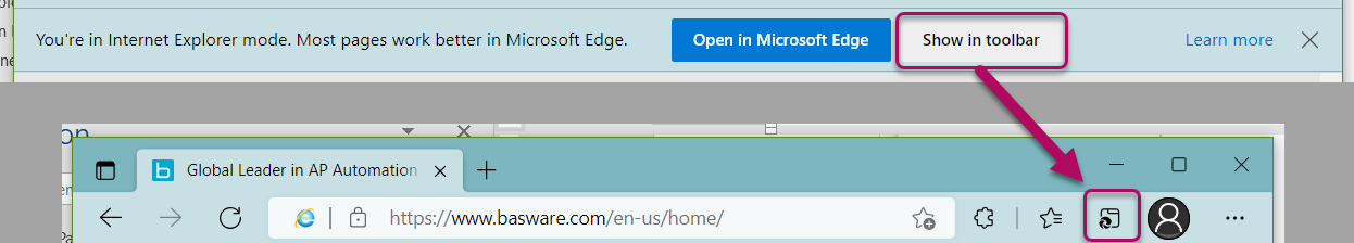 Microsoft Edge toolbar with the IE mode button circled. 