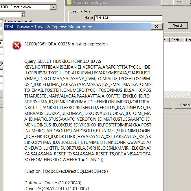 Ошибка ora 00936 missing expression oracle