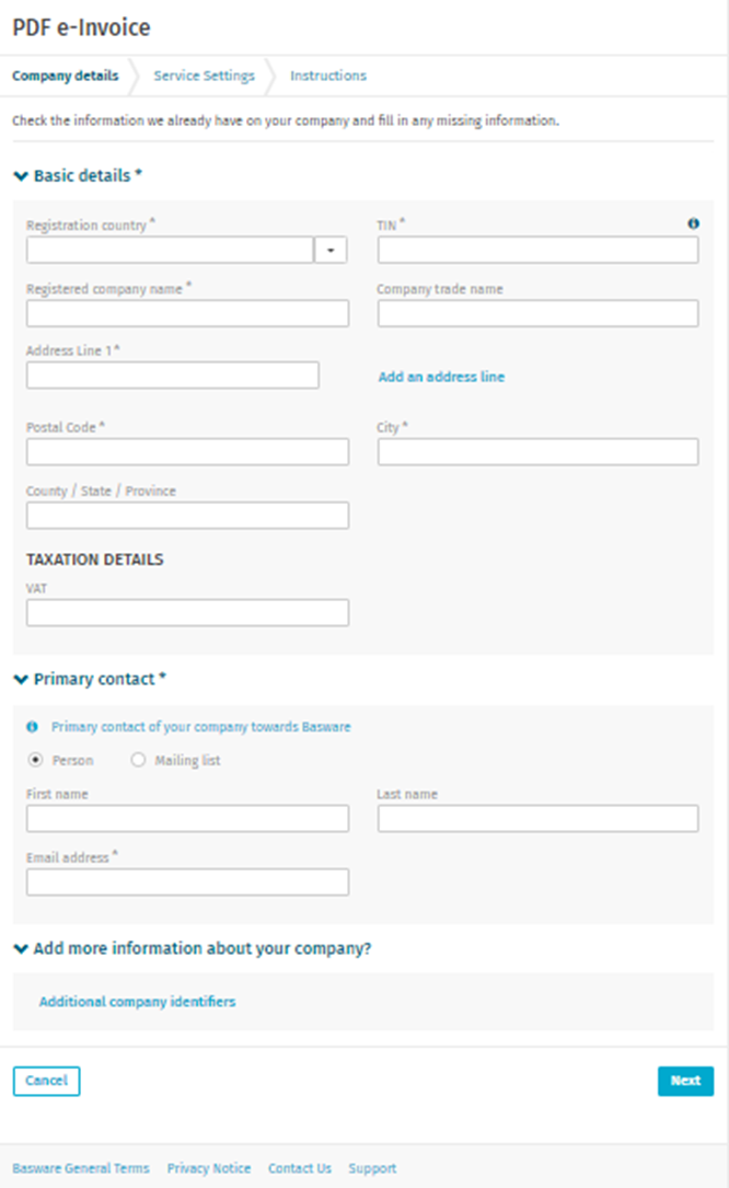 Basware Network Registration process for PDF eInvoice for Sending