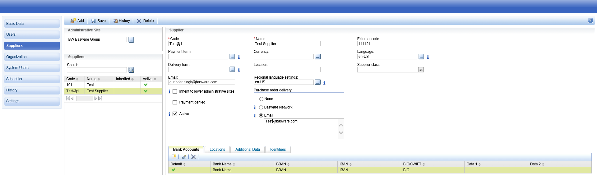 Supplier settings page in P2P Administration