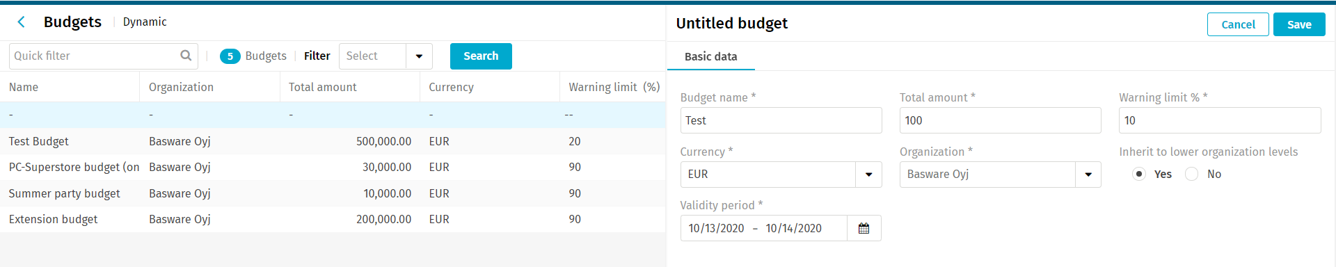 Budgets list view with new budget