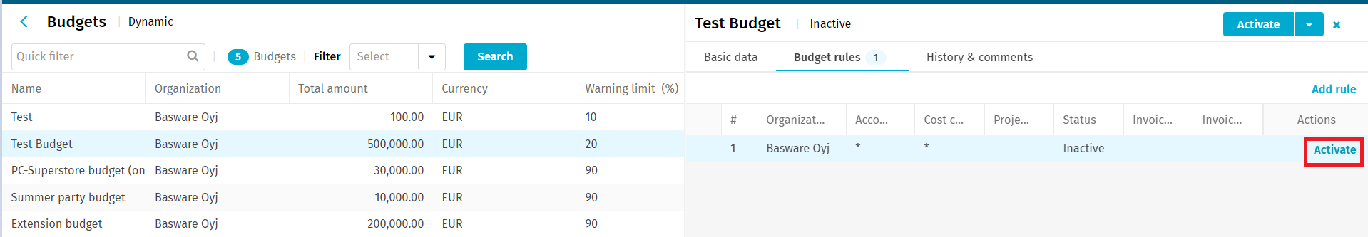 Budget rules with Activate