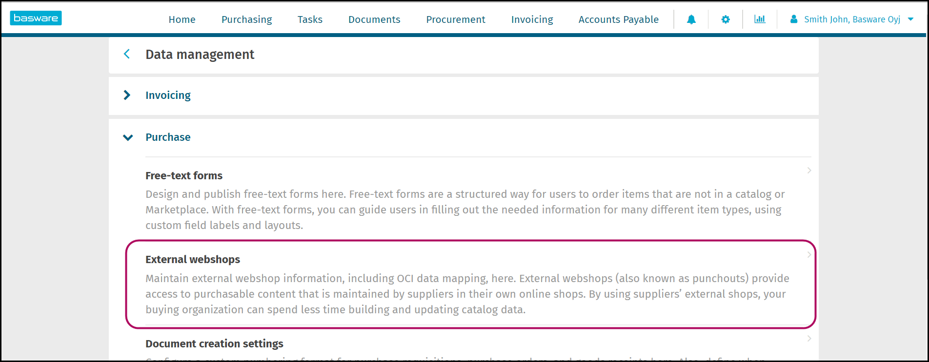 From the Data Management page, click External Webshops.